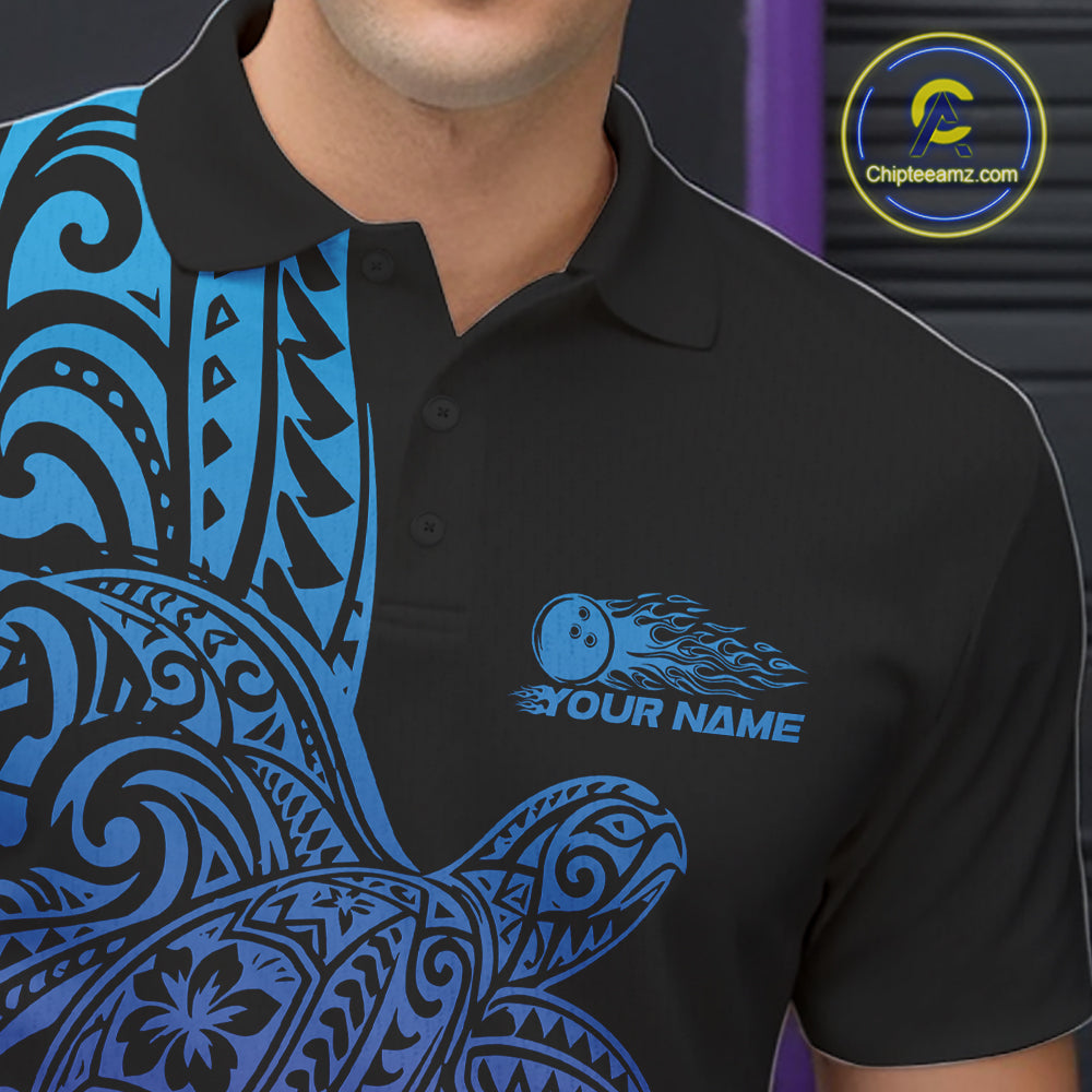 Custom Blue And Purple Polynesian Tribal Turtle Bowling Jersey Team Polo Shirt