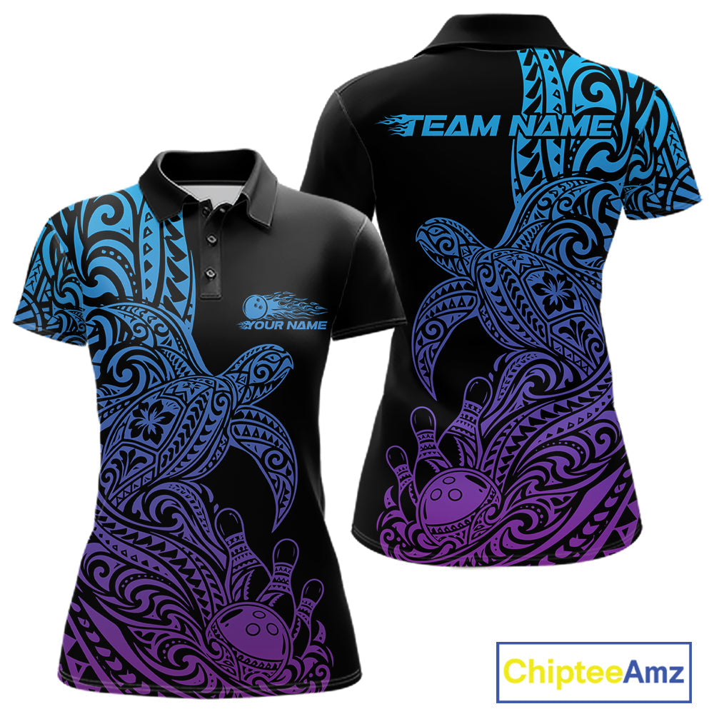 Custom Blue And Purple Polynesian Tribal Turtle Bowling Jersey Team Polo Shirt