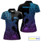 Custom Blue And Purple Polynesian Tribal Turtle Bowling Jersey Team Polo Shirt