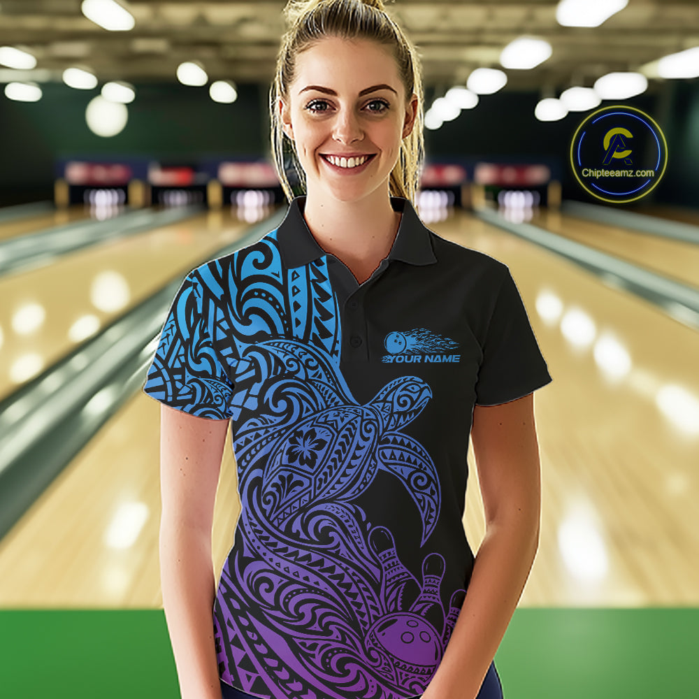Custom Blue And Purple Polynesian Tribal Turtle Bowling Jersey Team Polo Shirt