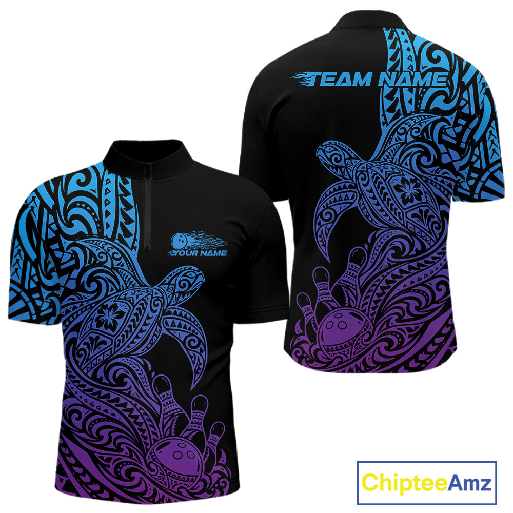 Custom Blue And Purple Polynesian Tribal Turtle Bowling Jersey Team Quarter Zip Shirt