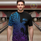 Custom Blue And Purple Polynesian Tribal Turtle Bowling Jersey Team Quarter Zip Shirt