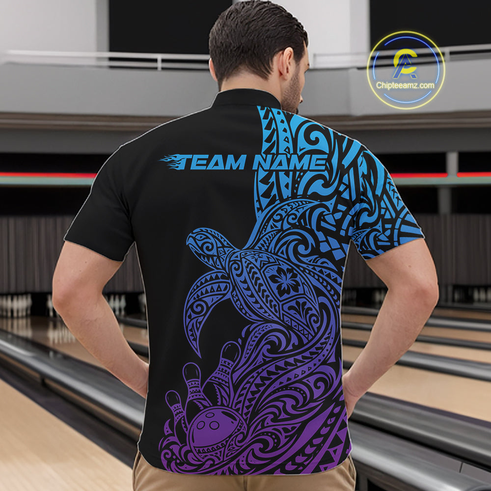 Custom Blue And Purple Polynesian Tribal Turtle Bowling Jersey Team Quarter Zip Shirt