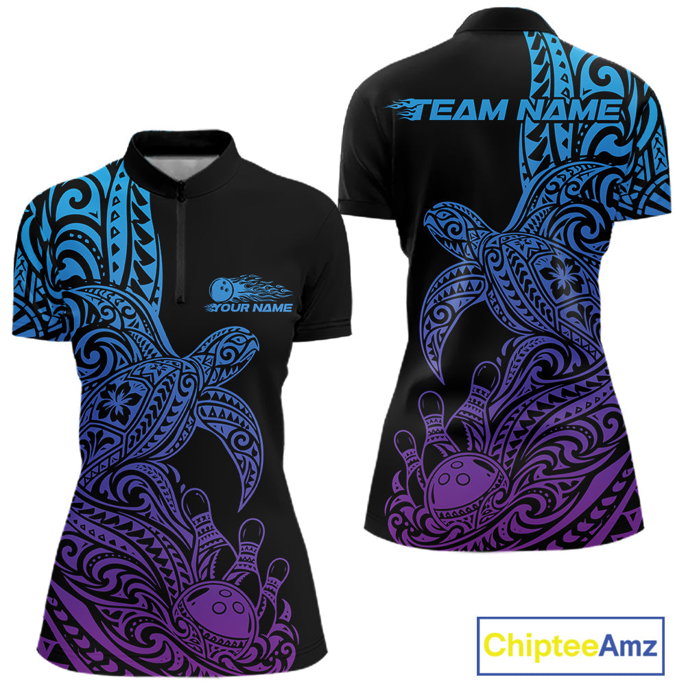 Custom Blue And Purple Polynesian Tribal Turtle Bowling Jersey Quarter-Zip Shirt