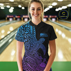 Custom Blue And Purple Polynesian Tribal Turtle Bowling Jersey Quarter-Zip Shirt