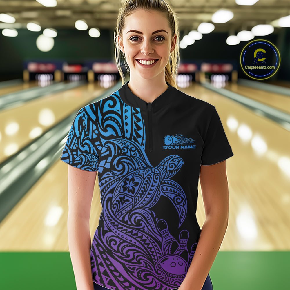 Custom Blue And Purple Polynesian Tribal Turtle Bowling Jersey Quarter-Zip Shirt