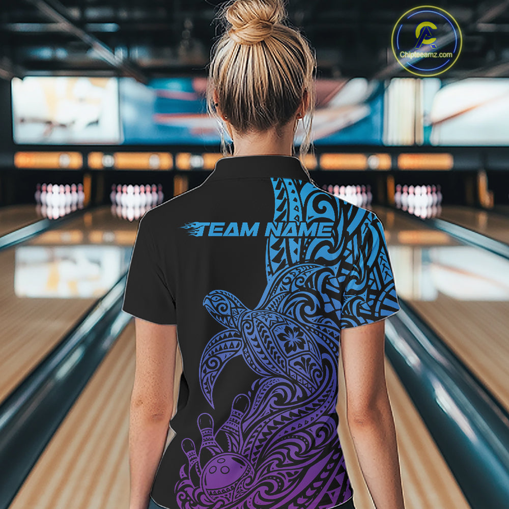 Custom Blue And Purple Polynesian Tribal Turtle Bowling Jersey Quarter-Zip Shirt