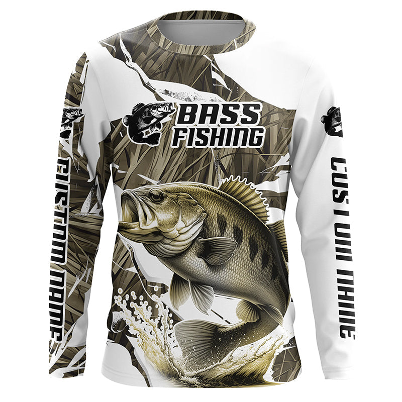 Grass Camo Custom Smallmouth Bass Fishing Long Sleeve Fishing Shirts, Smallmouth Fishing Apparel