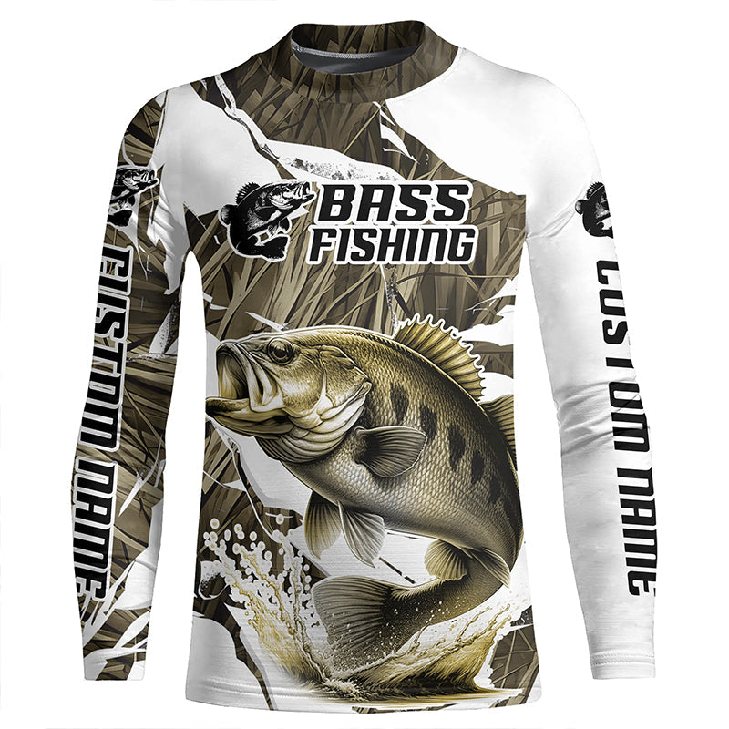 Grass Camo Custom Smallmouth Bass Fishing Long Sleeve Fishing Shirts, Smallmouth Fishing Apparel