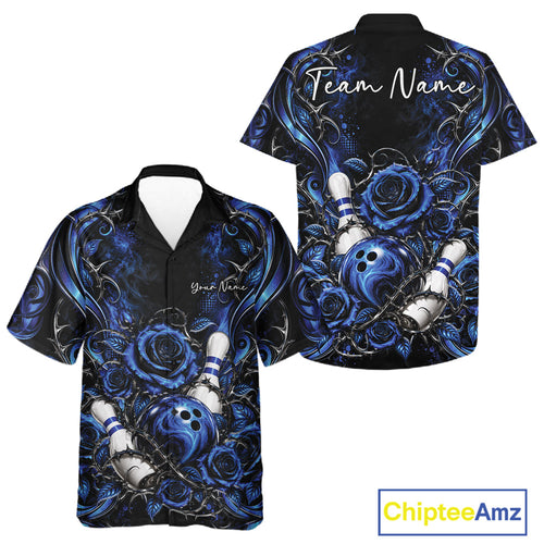 Personalized Blue Roses Bowling Team Jersey, Flower Bowling And Button Up Shirt Bowler Gift