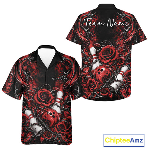 Personalized Red Roses Bowling Team Jersey, Flower Bowling And Button Up Shirt Bowler Gift