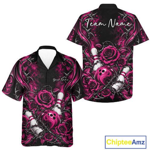 Personalized Pink Roses Bowling Team Jersey, Flower Bowling And Button Up Shirt Bowler Gift