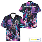 Custom Neon Funny Cat Bowling Team And Button Up Shirt, Retro Cat Lovers Gift For Bowlers
