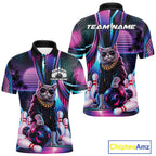 Custom Neon Funny Cat Bowling Team Polo Shirt, Retro Cat Lovers Gift For Bowlers