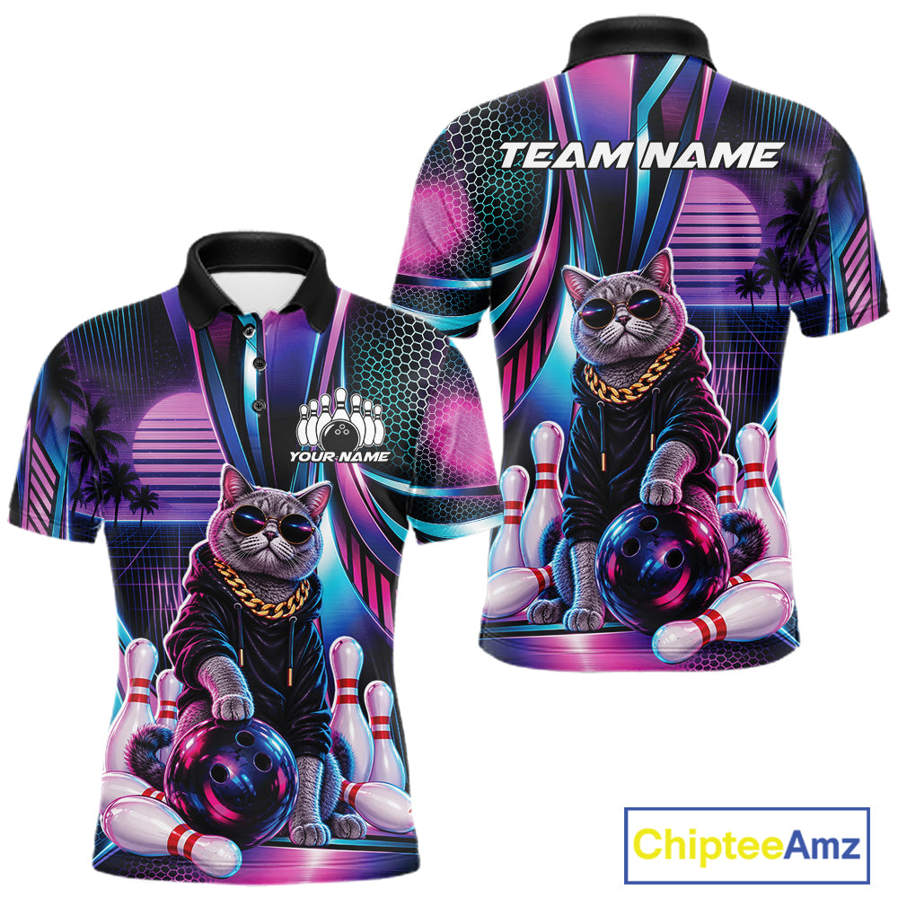 Custom Neon Funny Cat Bowling Team Polo Shirt, Retro Cat Lovers Gift For Bowlers