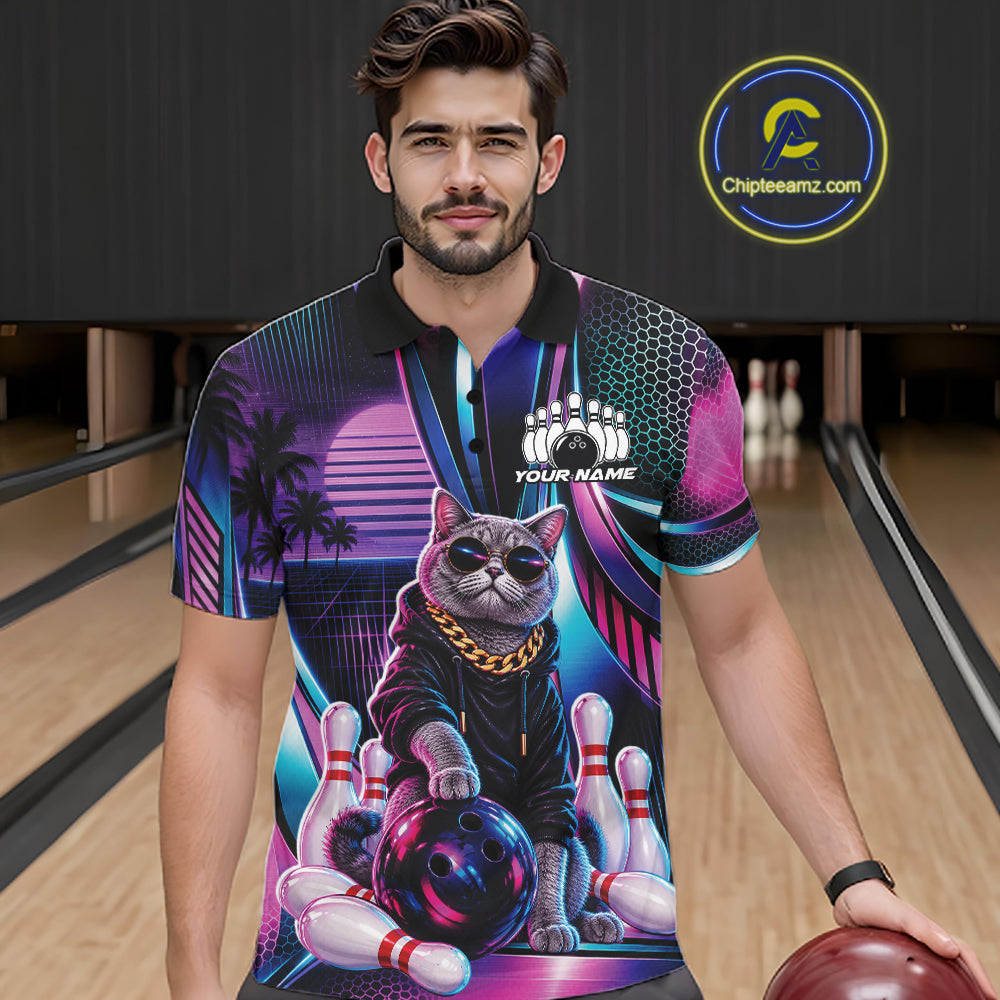 Custom Neon Funny Cat Bowling Team Polo Shirt, Retro Cat Lovers Gift For Bowlers