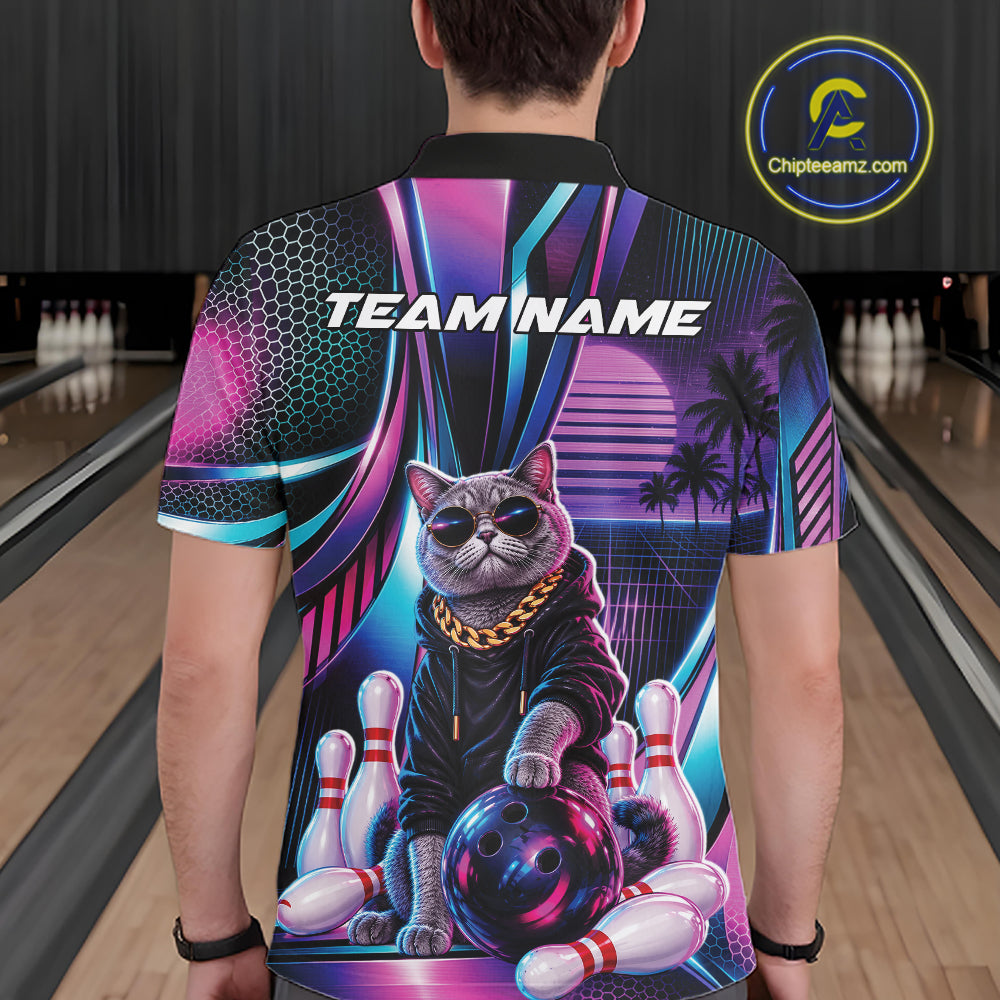 Custom Neon Funny Cat Bowling Team Polo Shirt, Retro Cat Lovers Gift For Bowlers