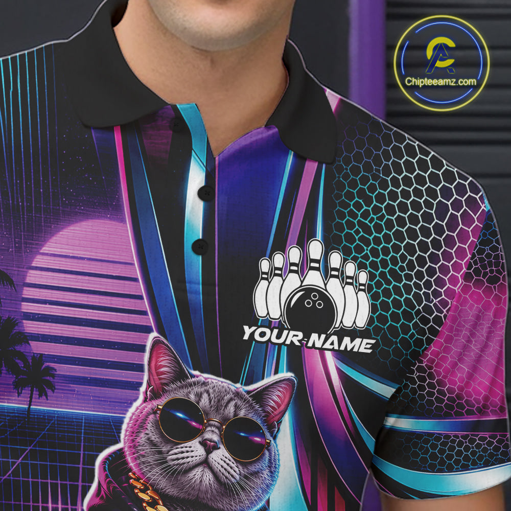 Custom Neon Funny Cat Bowling Team Polo Shirt, Retro Cat Lovers Gift For Bowlers