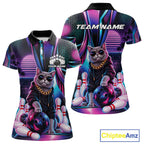 Custom Neon Funny Cat Bowling Team Polo Shirt, Retro Cat Lovers Gift For Bowlers
