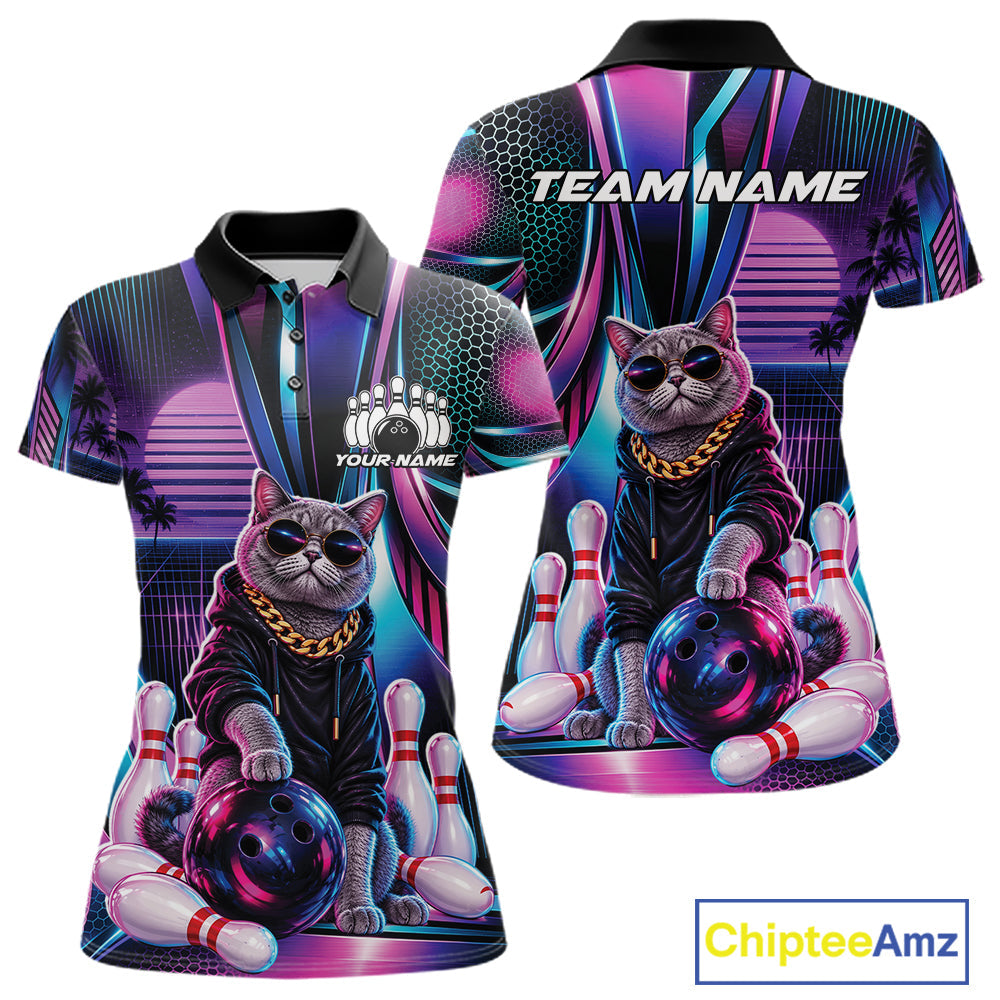 Custom Neon Funny Cat Bowling Team Polo Shirt, Retro Cat Lovers Gift For Bowlers