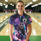 Custom Neon Funny Cat Bowling Team Polo Shirt, Retro Cat Lovers Gift For Bowlers