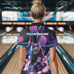 Custom Neon Funny Cat Bowling Team Polo Shirt, Retro Cat Lovers Gift For Bowlers