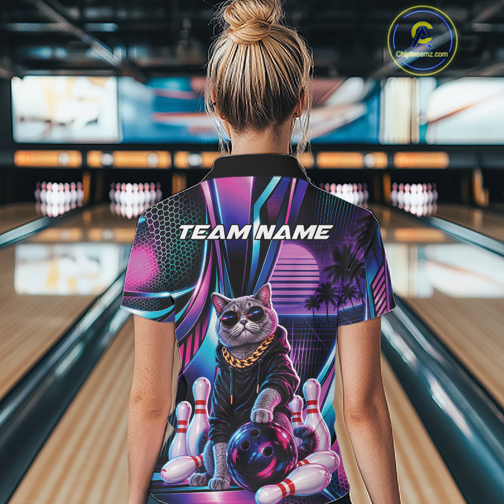 Custom Neon Funny Cat Bowling Team Polo Shirt, Retro Cat Lovers Gift For Bowlers