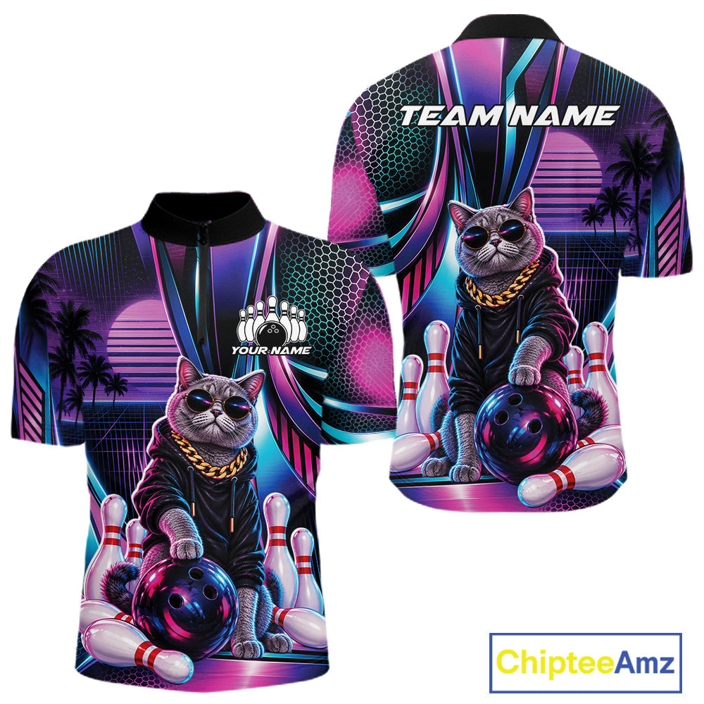 Custom Neon Funny Cat Bowling Team Quarter Zip Shirt, Retro Cat Lovers Gift For Bowlers