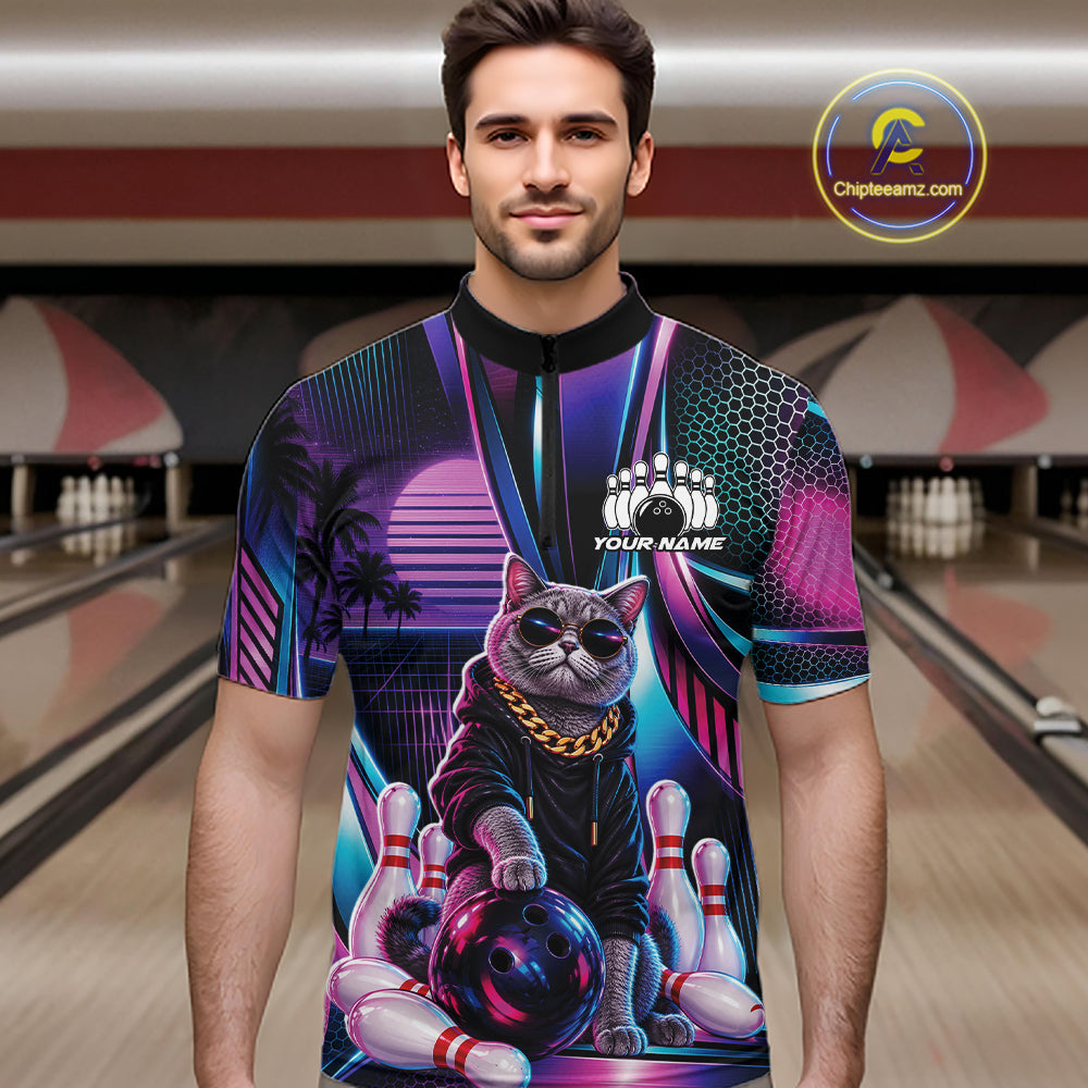 Custom Neon Funny Cat Bowling Team Quarter Zip Shirt, Retro Cat Lovers Gift For Bowlers