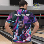 Custom Neon Funny Cat Bowling Team Quarter Zip Shirt, Retro Cat Lovers Gift For Bowlers