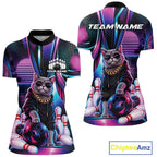 Custom Neon Funny Cat Bowling Quarter-Zip Shirt, Retro Cat Lovers Gift For Bowlers