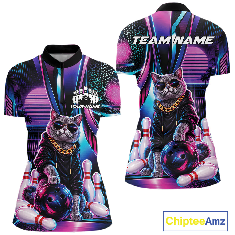 Custom Neon Funny Cat Bowling Quarter-Zip Shirt, Retro Cat Lovers Gift For Bowlers