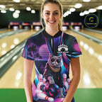 Custom Neon Funny Cat Bowling Quarter-Zip Shirt, Retro Cat Lovers Gift For Bowlers