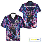 Custom Neon Funny Cat Bowling Team Button Up Shirt, Cat Lovers Gift For Bowlers Bowling Jersey