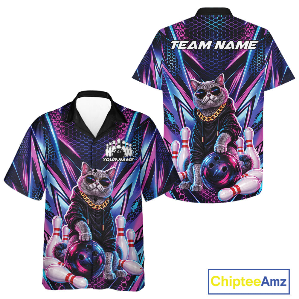 Custom Neon Funny Cat Bowling Team Button Up Shirt, Cat Lovers Gift For Bowlers Bowling Jersey