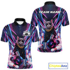 Custom Neon Funny Cat Bowling Team Polo Shirt, Cat Lovers Gift For Bowlers Bowling Jersey