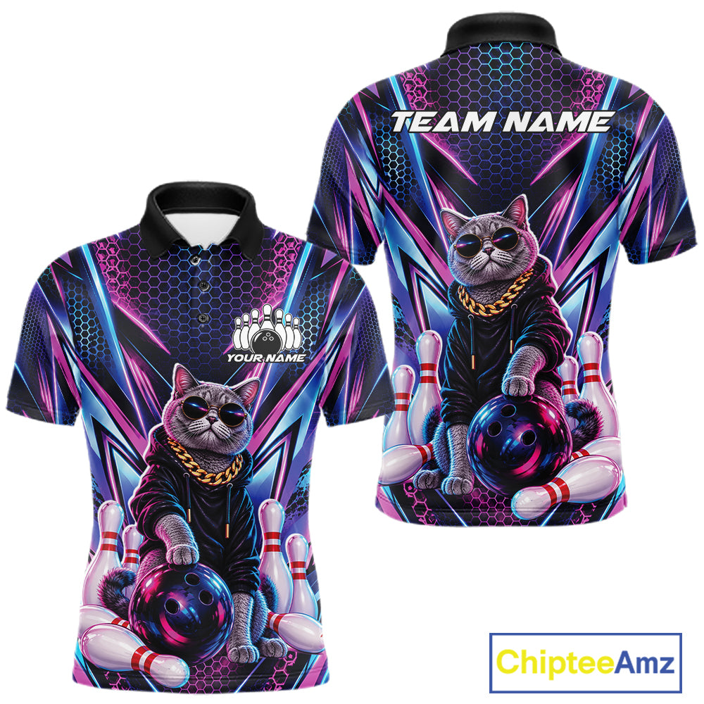 Custom Neon Funny Cat Bowling Team Polo Shirt, Cat Lovers Gift For Bowlers Bowling Jersey