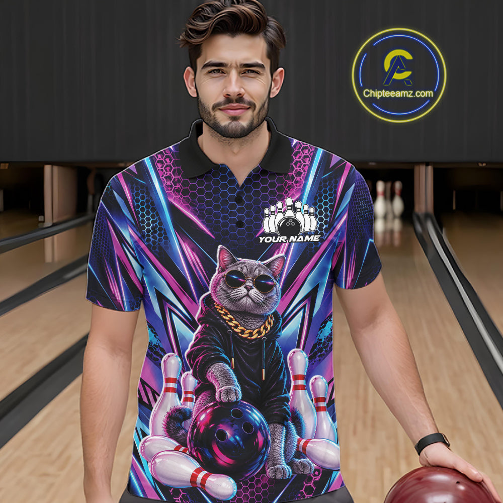 Custom Neon Funny Cat Bowling Team Polo Shirt, Cat Lovers Gift For Bowlers Bowling Jersey