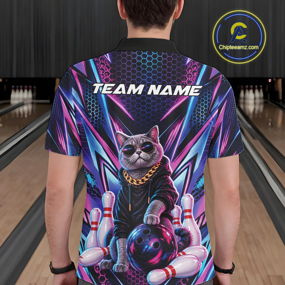 Custom Neon Funny Cat Bowling Team Polo Shirt, Cat Lovers Gift For Bowlers Bowling Jersey