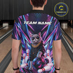Custom Neon Funny Cat Bowling Team Polo Shirt, Cat Lovers Gift For Bowlers Bowling Jersey