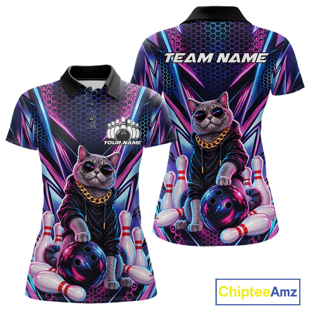 Custom Neon Funny Cat Bowling Polo Shirt, Cat Lovers Gift For Bowlers Bowling Jersey