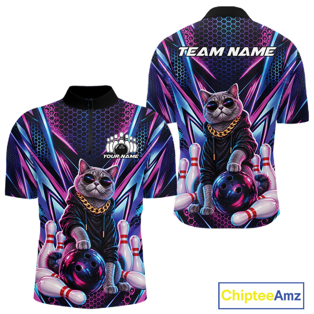 Custom Neon Funny Cat Bowling Team Quarter Zip Shirt, Cat Lovers Gift For Bowlers Bowling Jersey