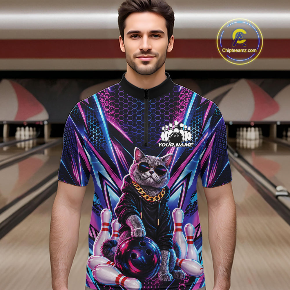 Custom Neon Funny Cat Bowling Team Quarter Zip Shirt, Cat Lovers Gift For Bowlers Bowling Jersey