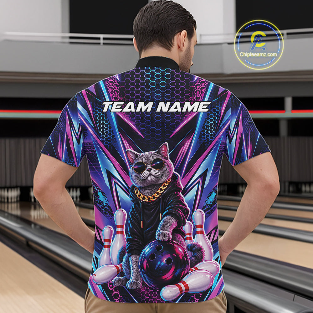 Custom Neon Funny Cat Bowling Team Quarter Zip Shirt, Cat Lovers Gift For Bowlers Bowling Jersey
