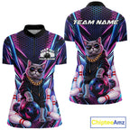 Custom Neon Funny Cat Bowling Quarter-Zip Shirt, Gift For Bowlers Bowling Jersey