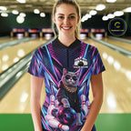 Custom Neon Funny Cat Bowling Quarter-Zip Shirt, Gift For Bowlers Bowling Jersey
