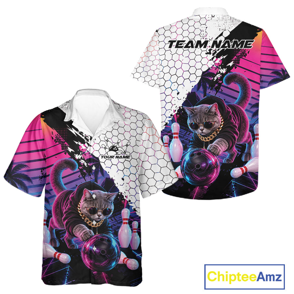 Custom Neon Funny Cat Bowling Team And Button Up Shirt, Retro Cat Lovers Gift For Bowlers