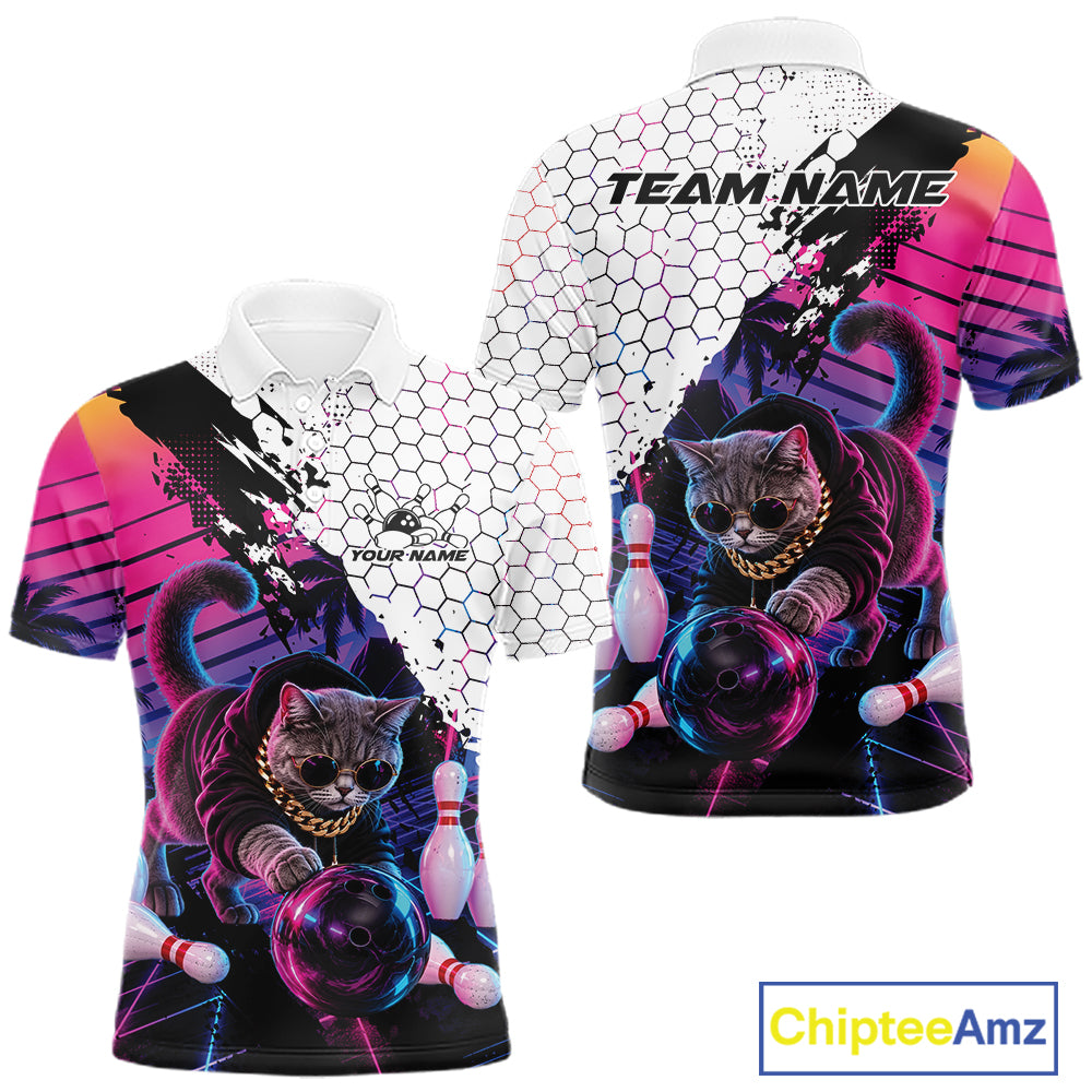 Custom Neon Funny Cat Bowling Team Polo Shirt, Retro Cat Lovers Gift For Bowlers