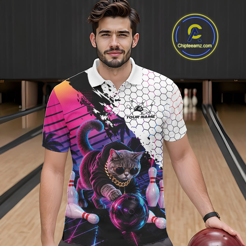 Custom Neon Funny Cat Bowling Team Polo Shirt, Retro Cat Lovers Gift For Bowlers