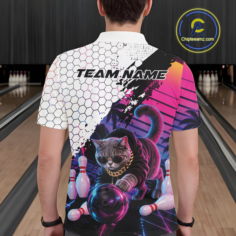 Custom Neon Funny Cat Bowling Team Polo Shirt, Retro Cat Lovers Gift For Bowlers
